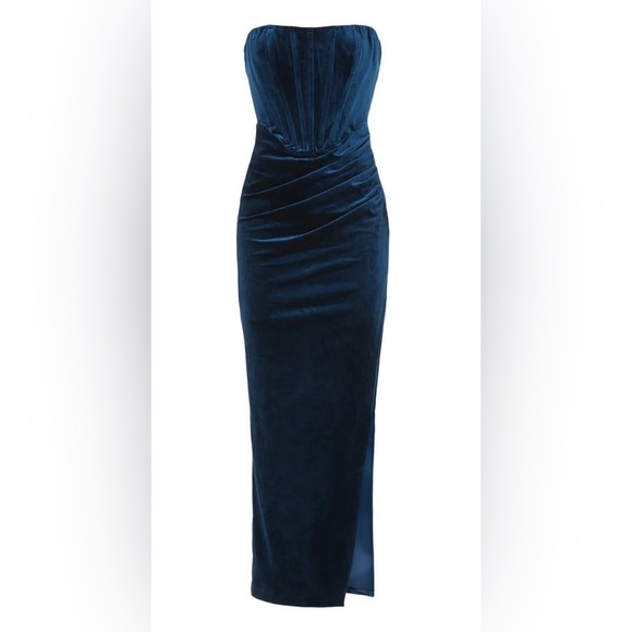 BARDOT Everlasting Velour Gown Elegant Blue Strapless Evening Dress Sz S/4 - Picture 6 of 17